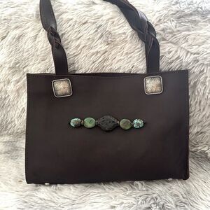 Paige Wallace Brown Leather Tote Hand Tooled Silver & Turquoise Stone Accents